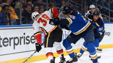 ST. LOUIS, MO - DECEMBER 16: Colton Parayko #55 of the St. Louis Blues defends against #39 Kerby Rychel of the Calgary Flames at Enterprise Center on December 16, 2018 in St. Louis, Missouri. (Photo by Scott Rovak/NHLI via Getty Images)