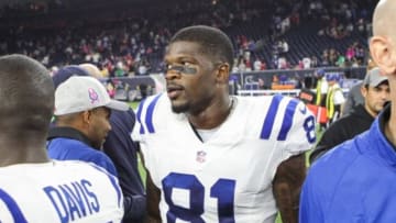 Oct 8, 2015; Houston, TX, USA; Indianapolis Colts wide receiver Andre Johnson (81) after a game against the Houston Texans at NRG Stadium. Mandatory Credit: Troy Taormina-USA TODAY Sports