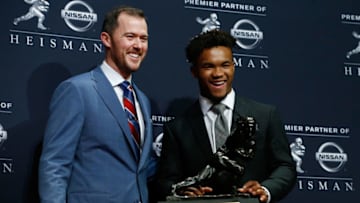 NEW YORK, NY - DECEMBER 08: Kyler Murray and head coach Lincoln Riley of the Oklahoma Sooners poses for a photo after winning the 2018 Heisman Trophy on December 8, 2018 in New York City. (Photo by Mike Stobe/Getty Images)