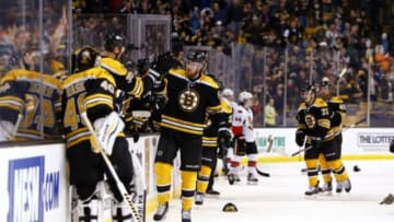 Dec 29, 2015; Boston, MA, USA; Boston Bruins right wing Jimmy Hayes (11) celebrates with teammates on the bench after scoring his third goal during the third period against the Ottawa Senators at TD Garden. The Bruins won 7-3. Mandatory Credit: Winslow Townson-USA TODAY Sports
