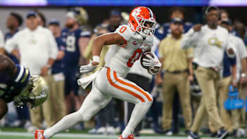 Sep 5, 2022; Atlanta, Georgia, USA; Clemson Tigers wide receiver Antonio Williams (0) runs after a catch against the Georgia Tech Yellow Jackets in the second half at Mercedes-Benz Stadium. Mandatory Credit: Brett Davis-USA TODAY Sports