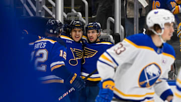 Nov 30, 2023; St. Louis, Missouri, USA; St. Louis Blues center Brayden Schenn (10) is congratulated by right wing Kevin Hayes (12) and center Jordan Kyrou (25) after scoring against the Buffalo Sabres during the second period at Enterprise Center. Mandatory Credit: Jeff Curry-USA TODAY Sports