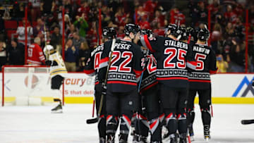 Jan 8, 2017; Raleigh, NC, USA; Carolina Hurricanes forward Sebastian Aho (20) is congratulated by teammates after his game winning overtime goal against the Boston Bruins at PNC Arena. The Carolina Hurricanes defeated the Boston Bruins 4-3. Mandatory Credit: James Guillory-USA TODAY Sports