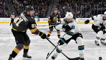 LAS VEGAS, NEVADA - NOVEMBER 21: Jonathan Marchessault #81 of the Vegas Golden Knights shoots the puck during the third period against the San Jose Sharks at T-Mobile Arena on November 21, 2019 in Las Vegas, Nevada. (Photo by Jeff Bottari/NHLI via Getty Images)