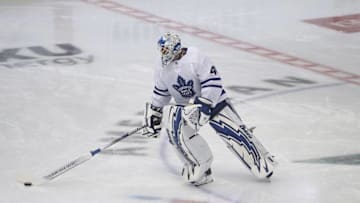 DALLAS, TX - OCTOBER 09: Garret Sparks #40 of the Toronto Maple Leafs skates a puck before a game against the Dallas Stars at American Airlines Center on October 9, 2018 in Dallas, Texas. (Photo by Ronald Martinez/Getty Images)