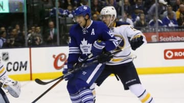 Oct 28, 2014; Toronto, Ontario, CAN; Toronto Maple Leafs forward Joffrey Lupul (19) and Buffalo Sabres defenseman Rasmus Ristolainen (55) battle for position during the second period at the Air Canada Centre. Mandatory Credit: John E. Sokolowski-USA TODAY Sports