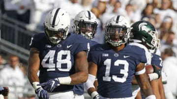 STATE COLLEGE, PA - OCTOBER 13: Shareef Miller #48 of the Penn State Nittany Lions reacts after wrapping up La'Darius Jefferson #15 of the Michigan State Spartans (not pictured) on October 13, 2018 at Beaver Stadium in State College, Pennsylvania. (Photo by Justin K. Aller/Getty Images)