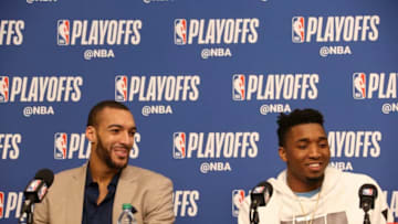 SALT LAKE CITY, UT - APRIL 27: Rudy Gobert #27 and Donovan Mitchell #45 of the Utah Jazz speak to the media after game against the Oklahoma City Thunder in Game Six of the Western Conference Quarterfinals during the 2018 NBA Playoffs on April 27, 2018 at vivint.SmartHome Arena in Salt Lake City, Utah. NOTE TO USER: User expressly acknowledges and agrees that, by downloading and or using this Photograph, User is consenting to the terms and conditions of the Getty Images License Agreement. Mandatory Copyright Notice: Copyright 2018 NBAE (Photo by Melissa Majchrzak/NBAE via Getty Images)