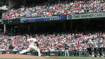 CLEVELAND - MARCH 31: C.C. Sabathia of the Cleveland Indians pitches during the game against the Chicago White Sox at Progressive Field in Cleveland, Ohio on March 31, 2008. The Indians defeated the White Sox 10-8. (Photo by John Reid III/MLB Photos via Getty Images)