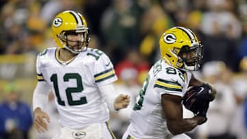 Oct 20, 2016; Green Bay, WI, USA; Green Bay Packers quarterback Aaron Rodgers (12) hands off the ball to wide receiver Ty Montgomery (88) in the first quarter against the Chicago Bears at Lambeau Field. Mandatory Credit: Dan Powers/The Post-Crescent via USA TODAY Sports