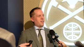 DENVER, CO - JANUARY 19: General Manager Tim Connelly of the Denver Nuggets talks to the media before the game against the Oklahoma City Thunder on January 19, 2016 at the Pepsi Center in Denver, Colorado. NOTE TO USER: User expressly acknowledges and agrees that, by downloading and/or using this Photograph, user is consenting to the terms and conditions of the Getty Images License Agreement. Mandatory Copyright Notice: Copyright 2016 NBAE (Photo by Garrett Ellwood/NBAE via Getty Images)