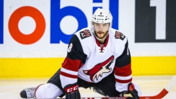 Jan 7, 2016; Calgary, Alberta, CAN; Arizona Coyotes center Tobias Rieder (8) against the Calgary Flames during the warmup period at Scotiabank Saddledome. Arizona Coyotes won 2-1. Mandatory Credit: Sergei Belski-USA TODAY Sports