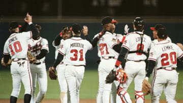 21 OCT 1995: MEMBERS OF THE ATLANTA BRAVES CELEBRATE AFTER DEFEATING THE CLEVELAND INDIANS IN GAME ONE OF THE WORLD SERIES AT FULTON COUNTY STADIUM IN ATLANTA, GEORGIA. THE BRAVES DEFEATED THE INDIANS 3-2. Mandatory Credit: Otto Greule/ALLSPORT