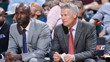 INDIANAPOLIS, IN - MARCH 26: Head coach Brett Brown (R) and assistant coach Lloyd Pierce of the Philadelphia 76ers look on against the Indiana Pacers during a game at Bankers Life Fieldhouse on March 26, 2017 in Indianapolis, Indiana. The Pacers defeated the 76ers 107-94. NOTE TO USER: User expressly acknowledges and agrees that, by downloading and or using the photograph, User is consenting to the terms and conditions of the Getty Images License Agreement. (Photo by Joe Robbins/Getty Images)