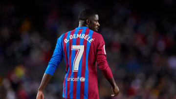 Barcelona's Ousmane Dembele looks on during the match against Real Betis at the Camp Nou on December 04, 2021 in Barcelona, Spain. (Photo by Alex Caparros/Getty Images)