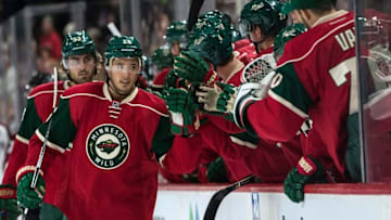 Sep 27, 2016; Saint Paul, MN, USA; Minnesota Wild defenseman Victor Bartley (28) celebrates his goal with teammates during the first period of a preseason hockey game against the Colorado Avalanche at Xcel Energy Center. Mandatory Credit: Brace Hemmelgarn-USA TODAY Sports
