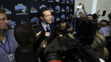 Sep 29, 2014; Orlando, FL, USA; Orlando Magic general manager Rob Hennigan talks with media during media day at Amway Center. Mandatory Credit: Kim Klement-USA TODAY Sports