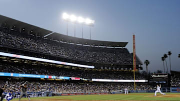 July 30, 2016; Los Angeles, CA, USA; General view as Los Angeles Dodgers starting pitcher Scott Kazmir (29) throws to Arizona Diamondbacks left fielder Yasmany Tomas (24) in the sixth inning at Dodger Stadium. Mandatory Credit: Gary A. Vasquez-USA TODAY Sports