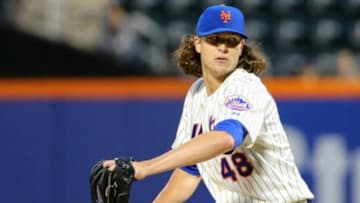 Sep 9, 2014; New York, NY, USA; New York Mets starting pitcher Jacob deGrom (48) pitches during the first inning against the Colorado Rockies at Citi Field. Mandatory Credit: Anthony Gruppuso-USA TODAY Sports