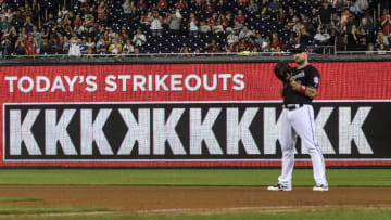 WASHINGTON, DC - SEPTEMBER 25:Washington Nationals starting pitcher Max Scherzer (31) threw ten strikeouts during the game between the Washington Nationals and the Miami Marlins at Nationals Park on Tuesday, September 25, 2018. Scherzer finished the season with 300 strikeouts. (Photo by Toni L. Sandys/The Washington Post via Getty Images)