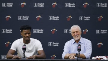 Jimmy Butler #22 of the Miami Heat and president Pat Riley speak to the media during his introductory press conference at American Airlines Arena (Photo by Michael Reaves/Getty Images)
