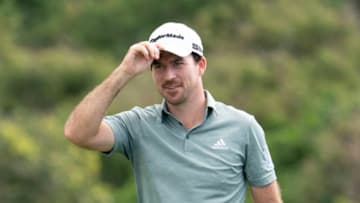 January 7, 2021; Maui, Hawaii, USA; Nick Taylor smiles on the 18th hole during the first round of the Sentry Tournament of Champions golf tournament at Kapalua Resort - The Plantation Course. Mandatory Credit: Kyle Terada-USA TODAY Sports