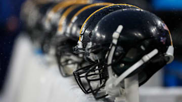 BALTIMORE, MD - DECEMBER 29: Pittsburgh Steelers helmets are seen on the sideline before the game between the Baltimore Ravens and the Pittsburgh Steelers at M&T Bank Stadium on December 29, 2019 in Baltimore, Maryland. (Photo by Scott Taetsch/Getty Images)