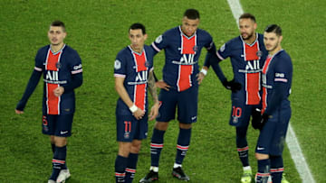 PARIS, FRANCE - JANUARY 22: Marco Verratti #6, Angel Di Maria #11, Kylian Mbappe #7, Neymar Jr #10 and Mauro Icardi #9 of Paris Saint-Germain react during the Ligue 1 match between Paris Saint-Germain and Montpellier HSC at Parc des Princes on January 22, 2021 in Paris, France. (Photo by Xavier Laine/Getty Images)