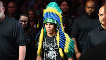 DALLAS, TX - SEPTEMBER 08: Jessica Andrade of Brazil enters the arena prior to facing Karolina Kowalkiewicz of Poland in their women's strawweight fight during the UFC 228 event at American Airlines Center on September 8, 2018 in Dallas, Texas. (Photo by Josh Hedges/Zuffa LLC/Zuffa LLC via Getty Images)