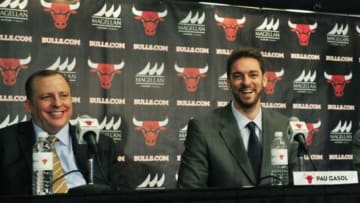 Jul 18, 2014; Chicago, IL, USA; Chicago Bulls head coach Tom Thibodeau (left) with newly signed center Pau Gasol during a press conference at the United Center. Mandatory Credit: David Banks-USA TODAY Sports