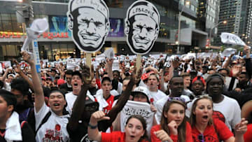 May 21, 2016; Toronto, Ontario, CAN; Toronto Raptors fans in Jurassic Park outside the arena prior to the Raptors playing Cleveland Cavaliers in game three of the Eastern conference finals of the NBA Playoffs at Air Canada Centre. Mandatory Credit: Dan Hamilton-USA TODAY Sports