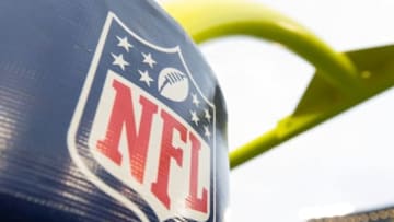 Aug 29, 2015; Green Bay, WI, USA; The NFL logo on the goal posts prior to the game between the Philadelphia Eagles and Green Bay Packers at Lambeau Field. Philadelphia won 39-26. Mandatory Credit: Jeff Hanisch-USA TODAY Sports