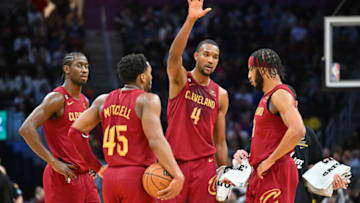 Caris LeVert, Donovan Mitchell, Evan Mobley and Lamar Stevens, Cleveland Cavaliers. Photo by Jason Miller/Getty Images