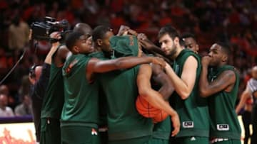 Jan 16, 2016; Greenville, SC, USA; The Miami Hurricanes huddle prior to the matchup against the Clemson Tigers at Bon Secours Wellness Arena. Mandatory Credit: Dawson Powers-USA TODAY Sports
