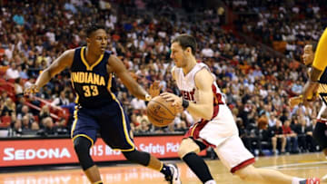 Jan 4, 2016; Miami, FL, USA; Miami Heat guard Goran Dragic (7) drives to the basket as Indiana Pacers forward Myles Turner (33) defends during the first half at American Airlines Arena. Mandatory Credit: Steve Mitchell-USA TODAY Sports