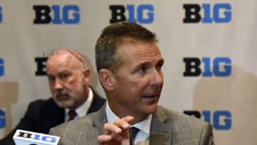 Jul 26, 2016; Chicago, IL, USA; Ohio State Buckeyes head coach Urban Meyer addresses the media during the Big Ten football media day at the Hyatt Regency. Mandatory Credit: David Banks-USA TODAY Sports