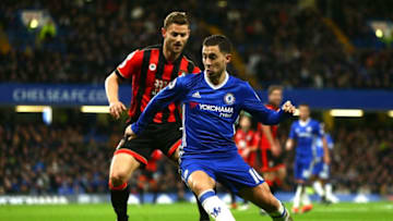 LONDON, ENGLAND - DECEMBER 26: Simon Francis of AFC Bournemouth closes down Eden Hazard of Chelsea during the Premier League match between Chelsea and AFC Bournemouth at Stamford Bridge on December 26, 2016 in London, England. (Photo by Jordan Mansfield/Getty Images)