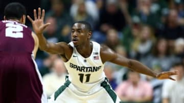 Dec 9, 2015; East Lansing, MI, USA; Michigan State Spartans guard Lourawls Nairn Jr. (11) defends Maryland-Eastern Shore Hawks guard Thomas Rivera (2) during the 2nd half a game at Jack Breslin Student Events Center. Mandatory Credit: Mike Carter-USA TODAY Sports