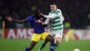 GLASGOW, SCOTLAND - NOVEMBER 08: Dayot Upamecano of RB Leipzig and Tomas Rogic of Celtic battle for possession during the UEFA Europa League Group B match between Celtic and RB Leipzig at Celtic Park on November 8, 2018 in Glasgow, United Kingdom. (Photo by Ian MacNicol/Getty Images)