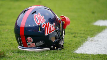 Oct 3, 2015; Gainesville, FL, USA; Mississippi Rebels helmet lays on the field prior to the game at Ben Hill Griffin Stadium. Mandatory Credit: Kim Klement-USA TODAY Sports