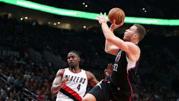 Oct 27, 2016; Portland, OR, USA; Los Angeles Clippers forward Blake Griffin (32) shoots after being fouled by Portland Trail Blazers forward Maurice Harkless (4) in the first half at Moda Center. Mandatory Credit: Jaime Valdez-USA TODAY Sports