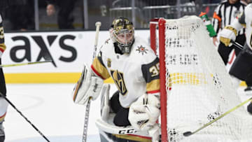 LAS VEGAS, NV - OCTOBER 27: Oscar Dansk #35 of the Vegas Golden Knights defends his goal against the Colorado Avalanche during the game at T-Mobile Arena on October 27, 2017 in Las Vegas, Nevada. (Photo by David Becker/NHLI via Getty Images)