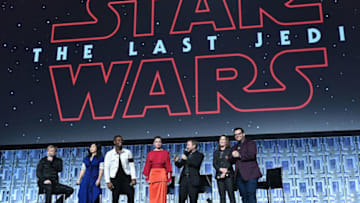 ORLANDO, FL - APRIL 14: Mark Hamill, Kelly Marie Tran ,John Boyega, Daisy Ridley, Rian Johnson, Kathleen Kennedy and Josh Gad attends the Star Wars Celebration day 02 on April 14, 2017 in Orlando, Florida. (Photo by Gustavo Caballero/Getty Images)