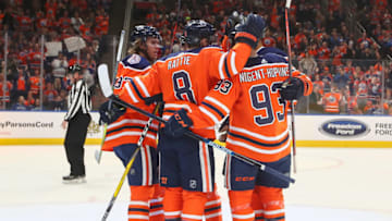 EDMONTON, AB - DECEMBER 27: Edmonton Oilers Left Wing Ryan Nugent-Hopkins (93) celebrates a power play goal with his line mates in the first period during the Edmonton Oilers game versus the Vancouver Canucks on December 27, 2018 at Rogers Place in Edmonton, AB. (Photo by Curtis Comeau/Icon Sportswire via Getty Images)