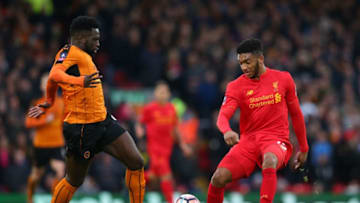 LIVERPOOL, ENGLAND - JANUARY 28: Nouha Dicko of Wolverhampton Wanderers and and Joe Gomez of Liverpool compete for the ball during the Emirates FA Cup Fourth Round match between Liverpool and Wolverhampton Wanderers at Anfield on January 28, 2017 in Liverpool, England. (Photo by Alex Livesey/Getty Images)