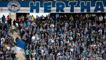 Hertha fans cheer on their team during the German first division Bundesliga football match Hertha Berlin vs Borussia Moenchengladbach at the Olympic stadium in Berlin on September 22, 2018. (Photo by Odd ANDERSEN / AFP) / DFL REGULATIONS PROHIBIT ANY USE OF PHOTOGRAPHS AS IMAGE SEQUENCES AND/OR QUASI-VIDEO (Photo credit should read ODD ANDERSEN/AFP/Getty Images)