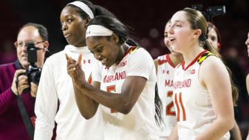 COLLEGE PARK, MD - FEBRUARY 21: Scorer of the winning basket Maryland Terrapins guard Kaila Charles (5) with center Olivia Owens (35) and guard Taylor Mikesell (11) at the end of a women's college basketball game between the Maryland Terrapins and the Minnesota Golden Gophers, on February 21, 2019, at Xfinity Center, in College Park, Maryland.(Photo by Tony Quinn/Icon Sportswire via Getty Images)