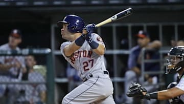 CHICAGO, IL - AUGUST 09: Jose Altuve No. 27 of the Houston Astros hits a double in the 3rd inning against the Chicago White Sox at Guaranteed Rate Field on August 9, 2017 in Chicago, Illinois. (Photo by Jonathan Daniel/Getty Images)
