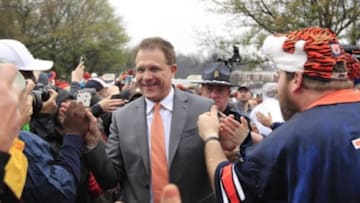 Dec 30, 2015; Birmingham, AL, USA; Auburn Tigers head coach Gus Malzahn enters Legion Field prior to the Birmingham Bowl against Memphis Tigers. Mandatory Credit: Marvin Gentry-USA TODAY Sports