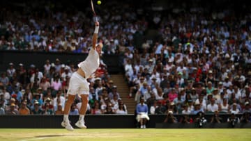 LONDON, ENGLAND - JULY 10: Andy Murray of Great Britain serves during the Gentlemen's Singles fourth round match against Benoit Paire of France on day seven of the Wimbledon Lawn Tennis Championships at the All England Lawn Tennis and Croquet Club on July 10, 2017 in London, England. (Photo by Julian Finney/Getty Images)